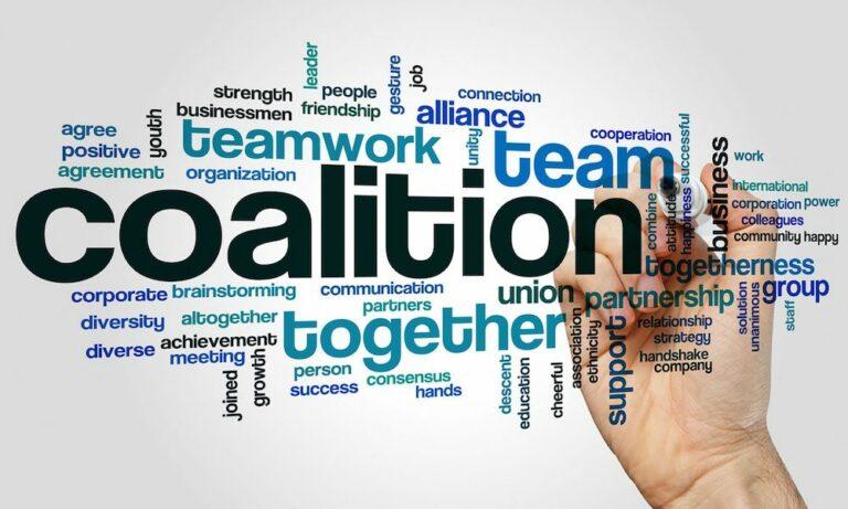 Word cloud featuring words related to a coalition. Largest words featured are coalition, team, teamwork, together, partnership, and alliance.