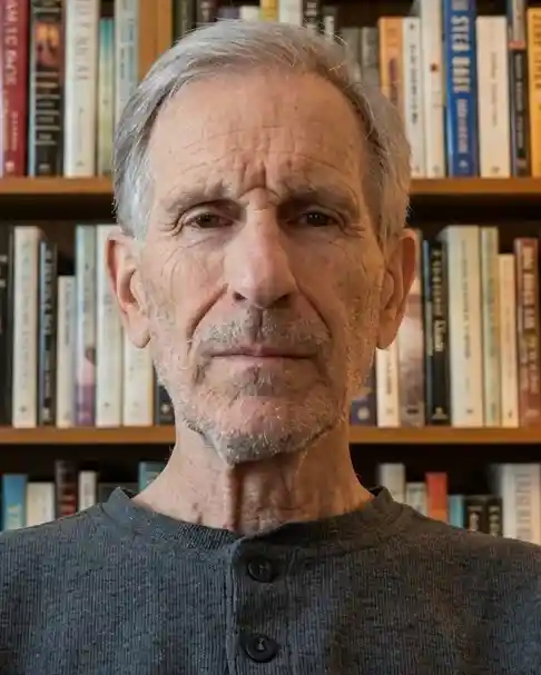 Rick Feine sitting in front of his bookshelf