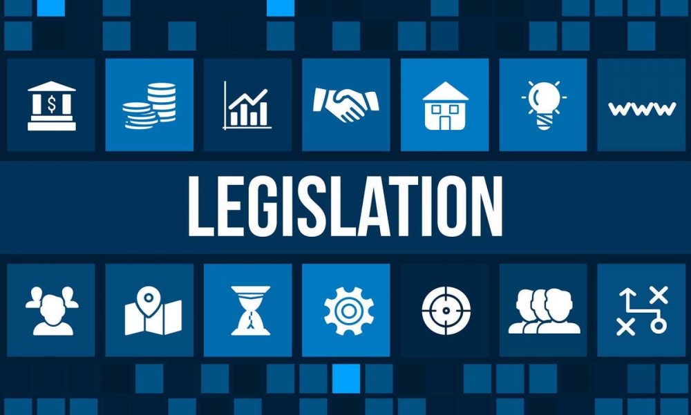 the word legislation surrounded by symbols related to legislation