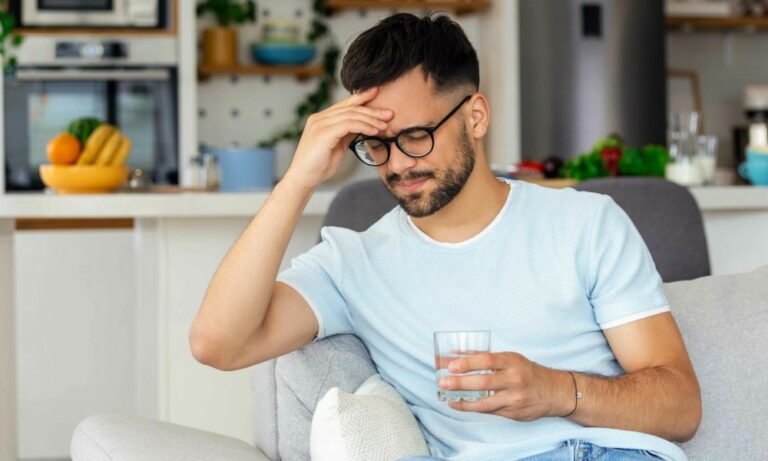 young man suffering from strong headache or migraine sitting with glass of water on the sofa