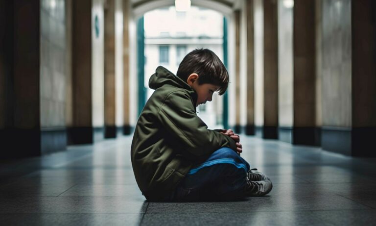 sad young boy sitting alone in a school hallway