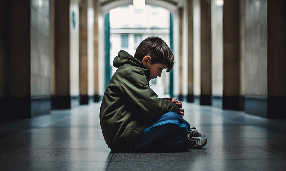 sad young boy sitting alone in a school hallway