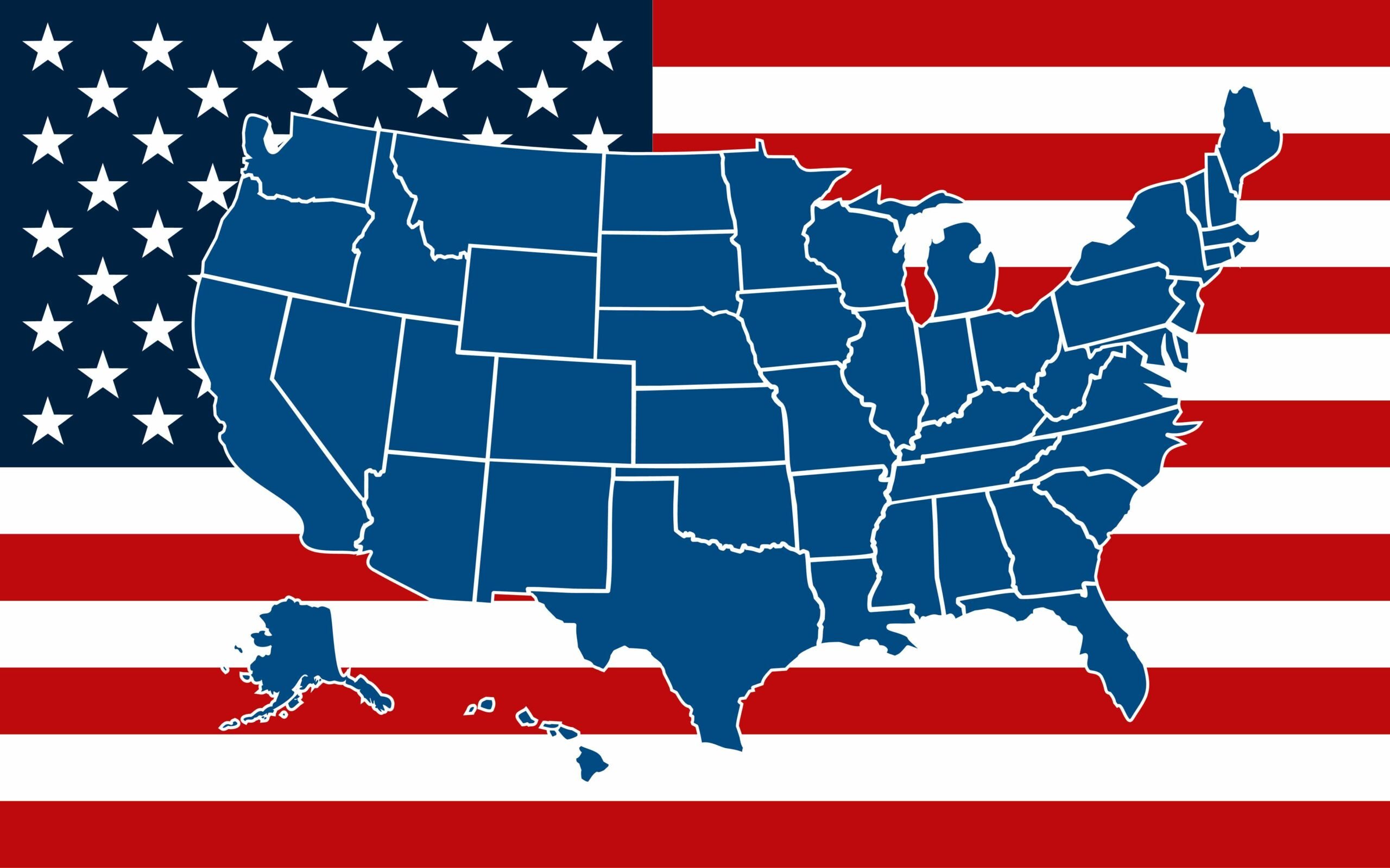 U.S. map with U.S. flag in the background