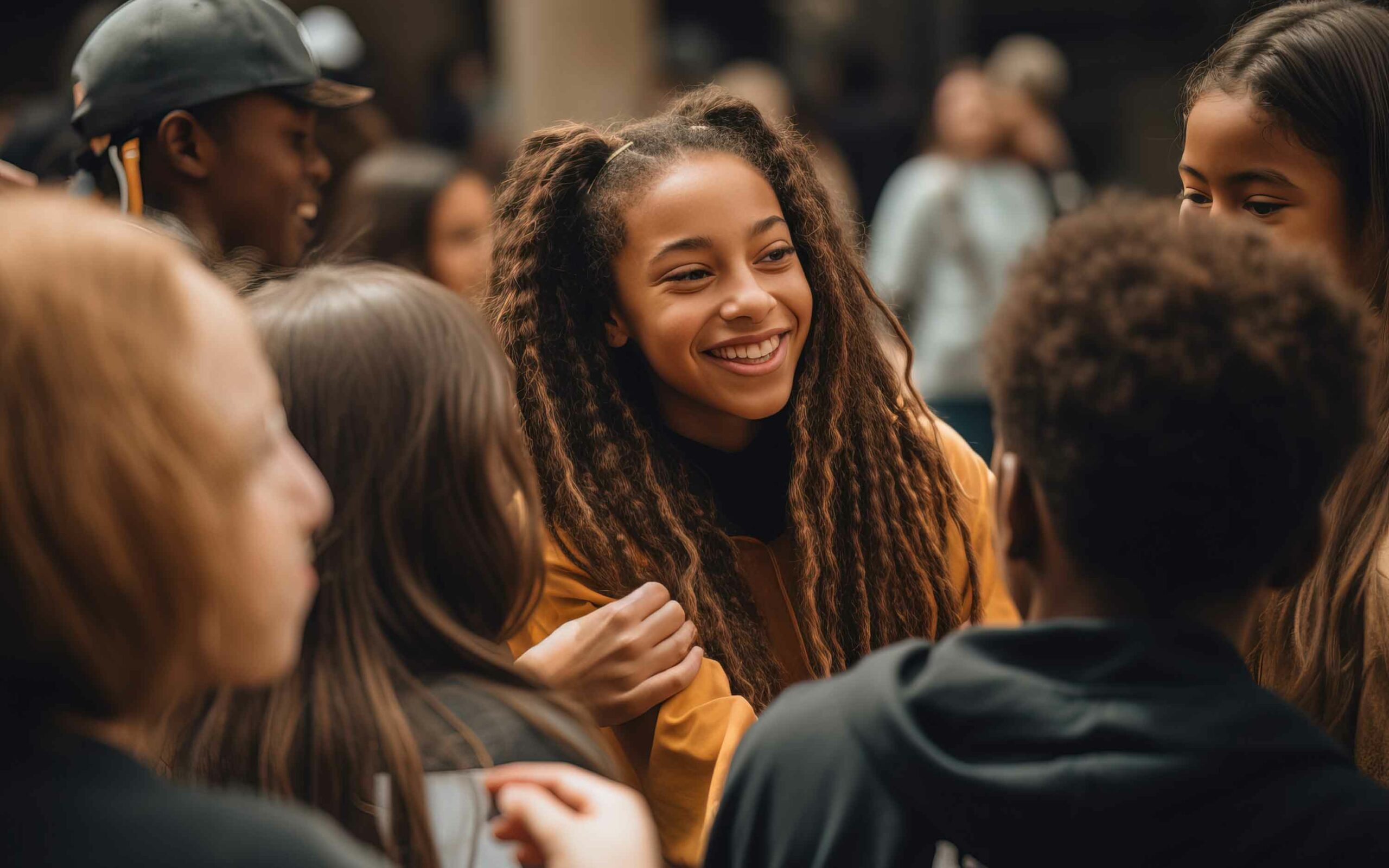 smiling teen surrounded by peers