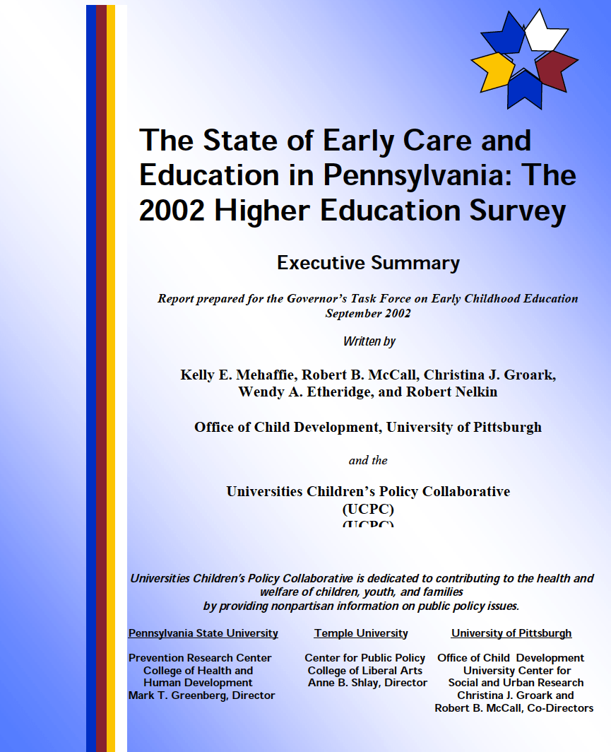 cover page for the executive summary of the report prepared for the Governor's Task Force on Early Childhood Education, September 2002