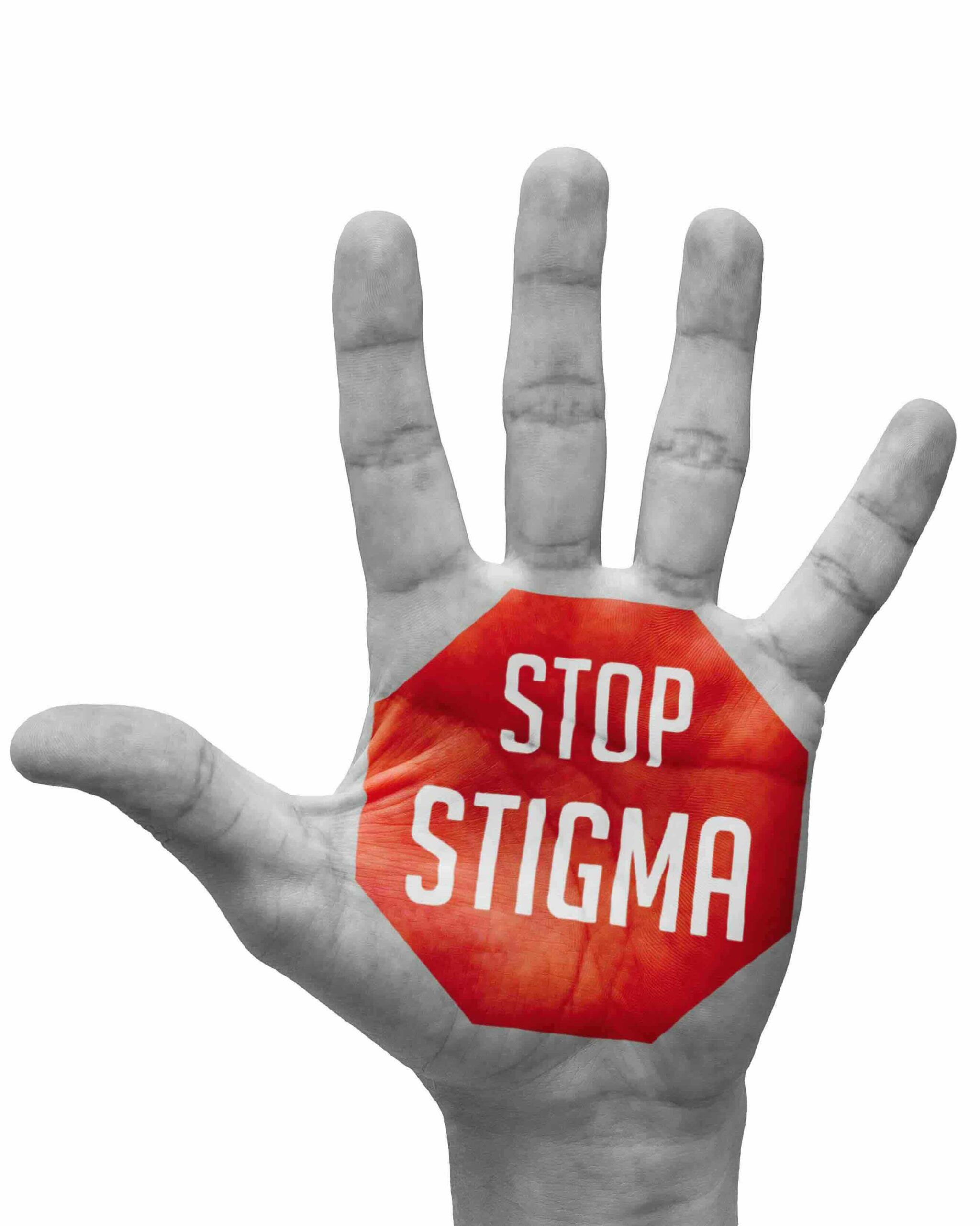 outstretched palm covered with paint that says, stop stigma