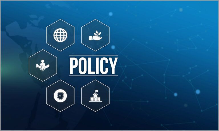 the word policy surrounded by icons that suggest growth, networking, building, and getting things done