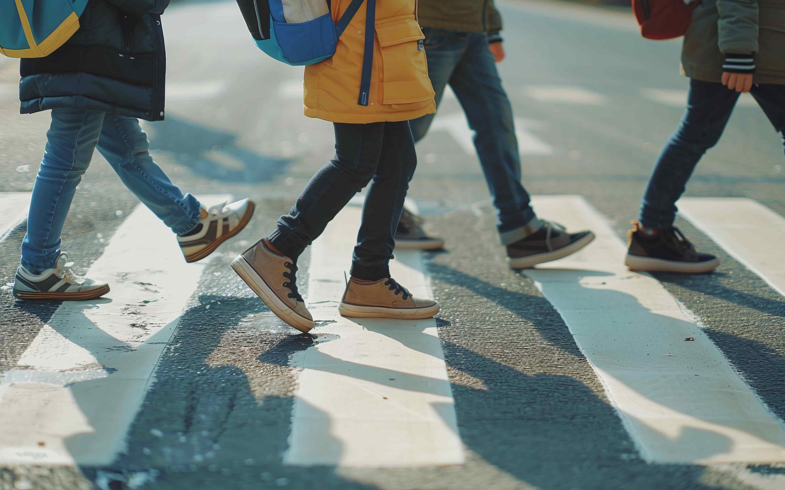 4 school children walking in crosswalk, only their legs and feet showing