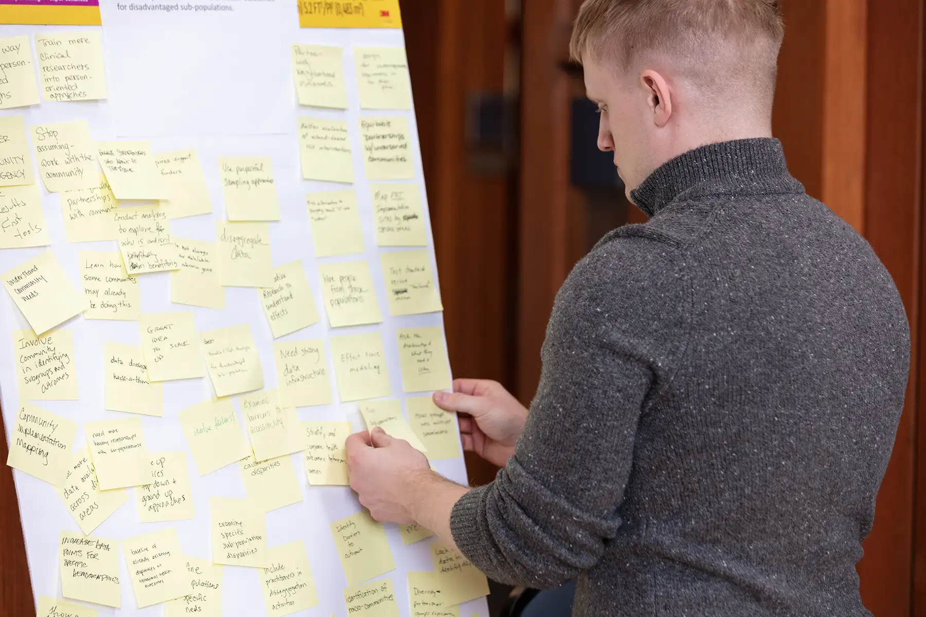 A man adds sticky notes to a poster board